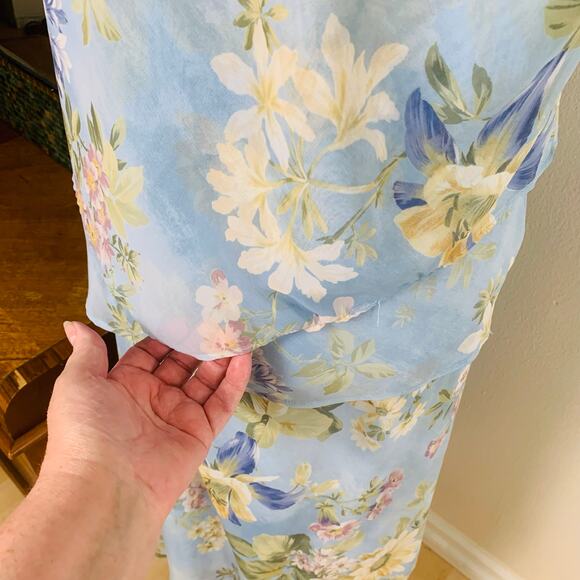 Vintage Sz 14P Floral Ruffle Tired 2 Piece Dress Skirt Set Blue Boho Chiffon - Picture 7 of 11